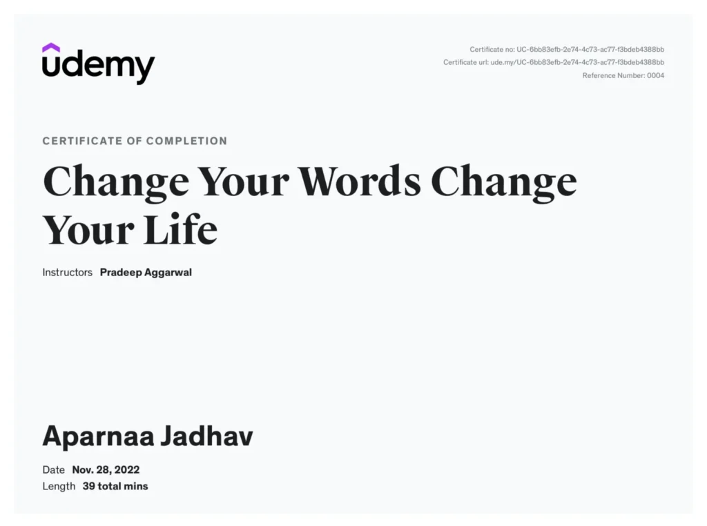 Aparnaa Jadhav Achievement Certificate