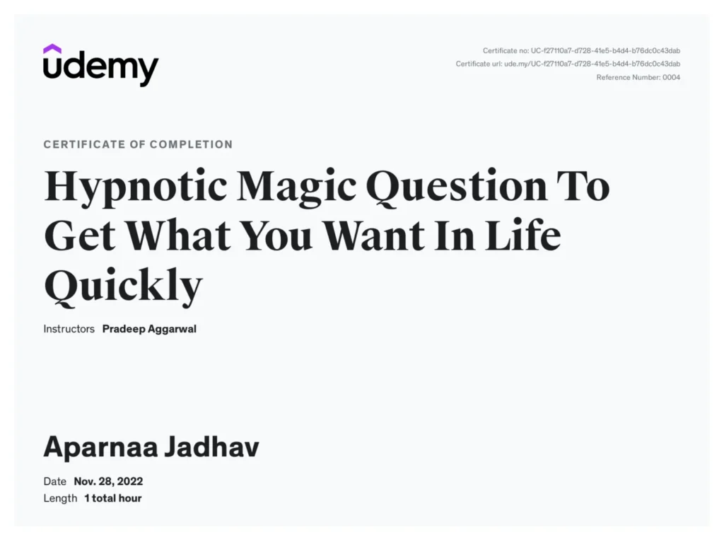 Aparnaa Jadhav Achievement Certificate