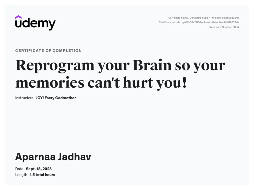 Aparnaa Jadhav Achievement Certificate
